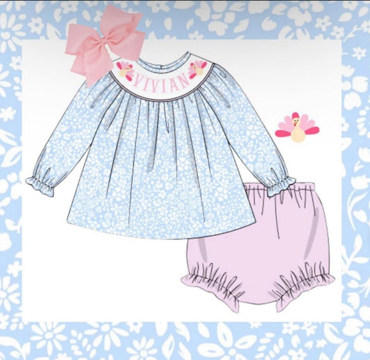Turkey Hand Smocked Diaper Set