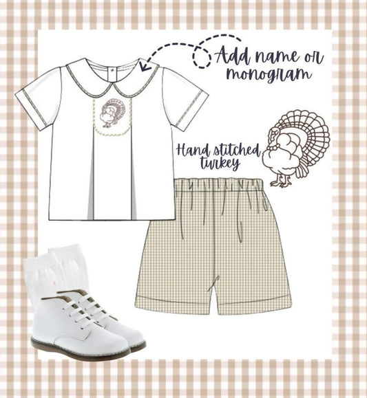Boys Tan Gingham Shorts Set