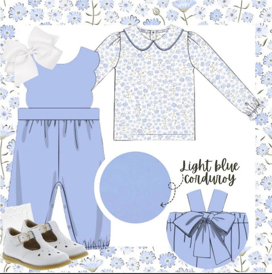 Girls Blue Corduroy Romper and Floral Undershirt